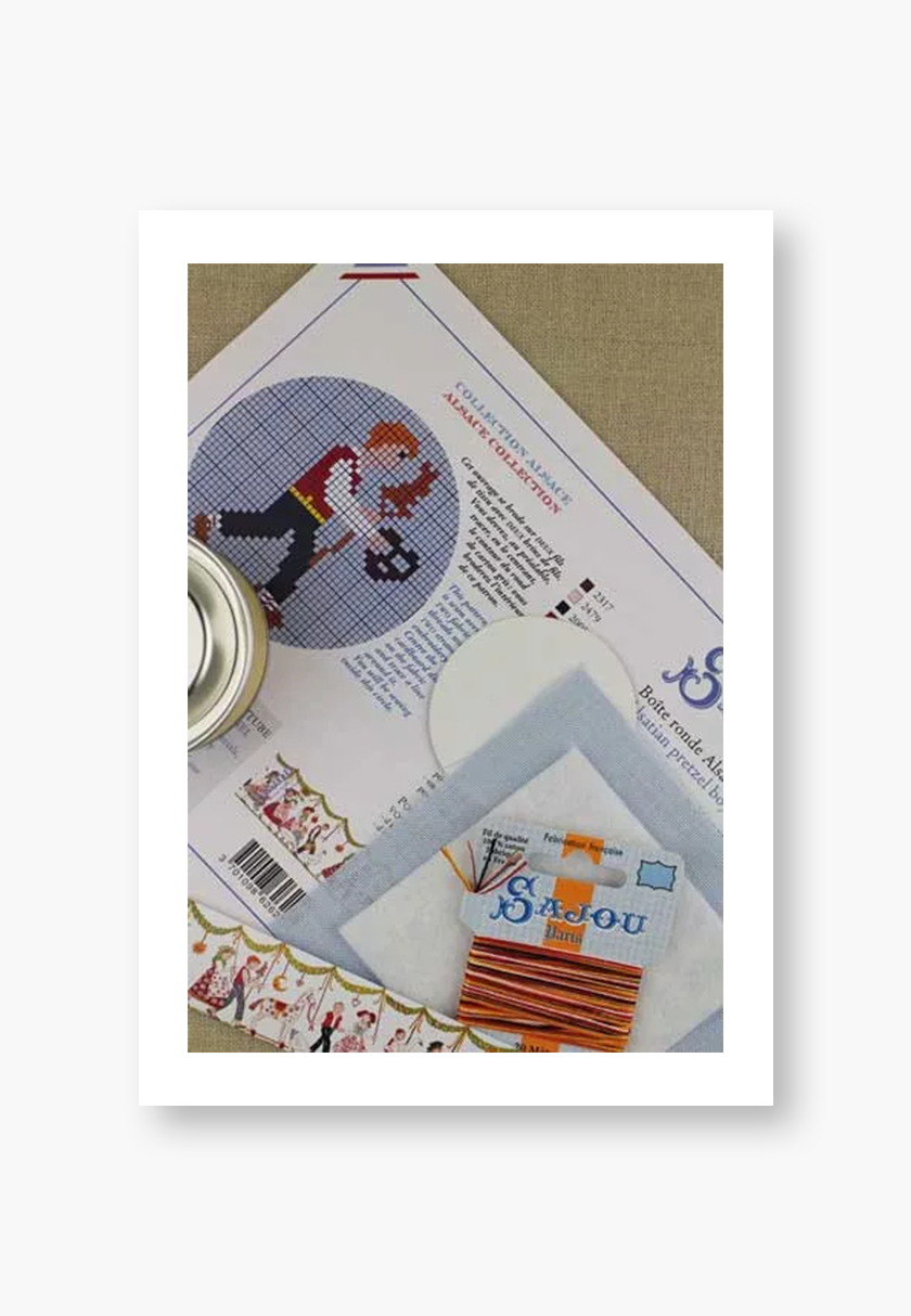 MAISON SAJOU – Round Box with Alsatian Pretzel Boy Cross-Stitch Kit – Beginner - Image 3
