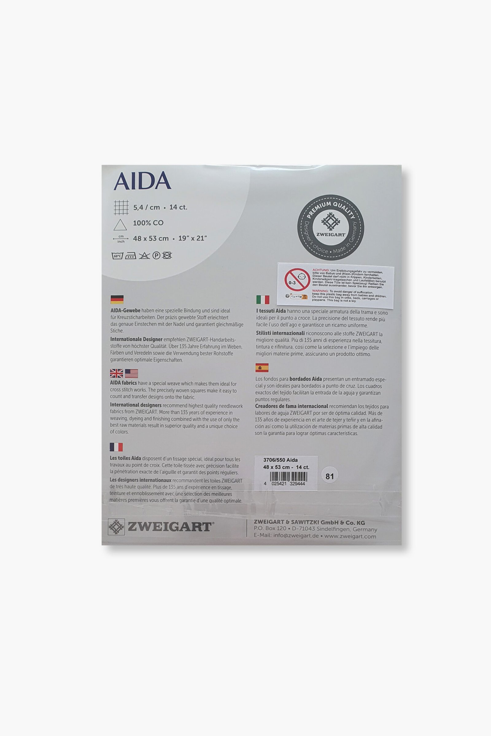 ZWEIGART Aida 3706 – Tessuto Aida di cotone pretagliato 14 count - Colore 550 - (48 × 53 cm) - immagine 3