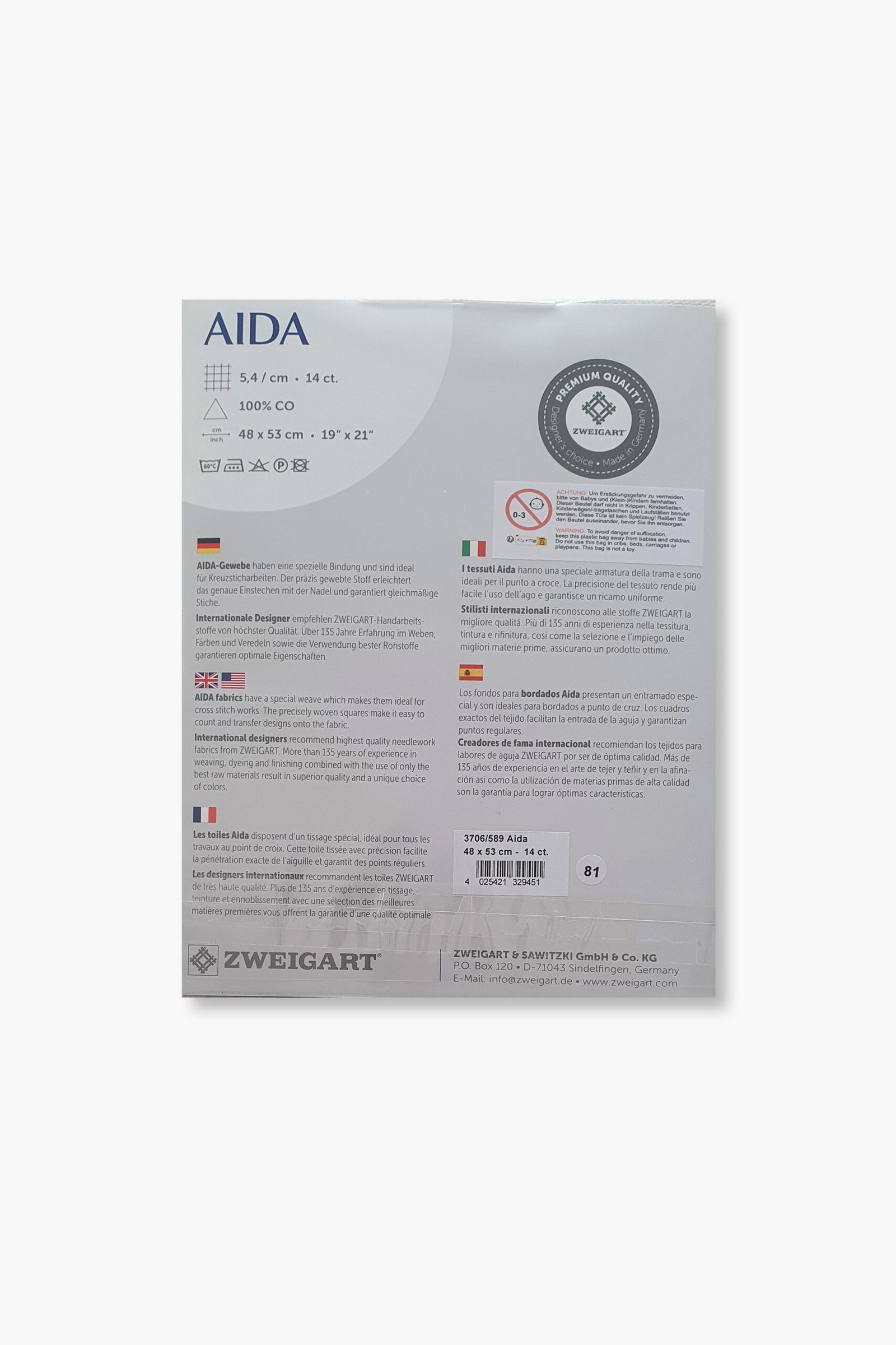 ZWEIGART Aida 3706 – Tessuto Aida di cotone pretagliato 14 count - Colore 589 - (48 × 53 cm) - immagine 3