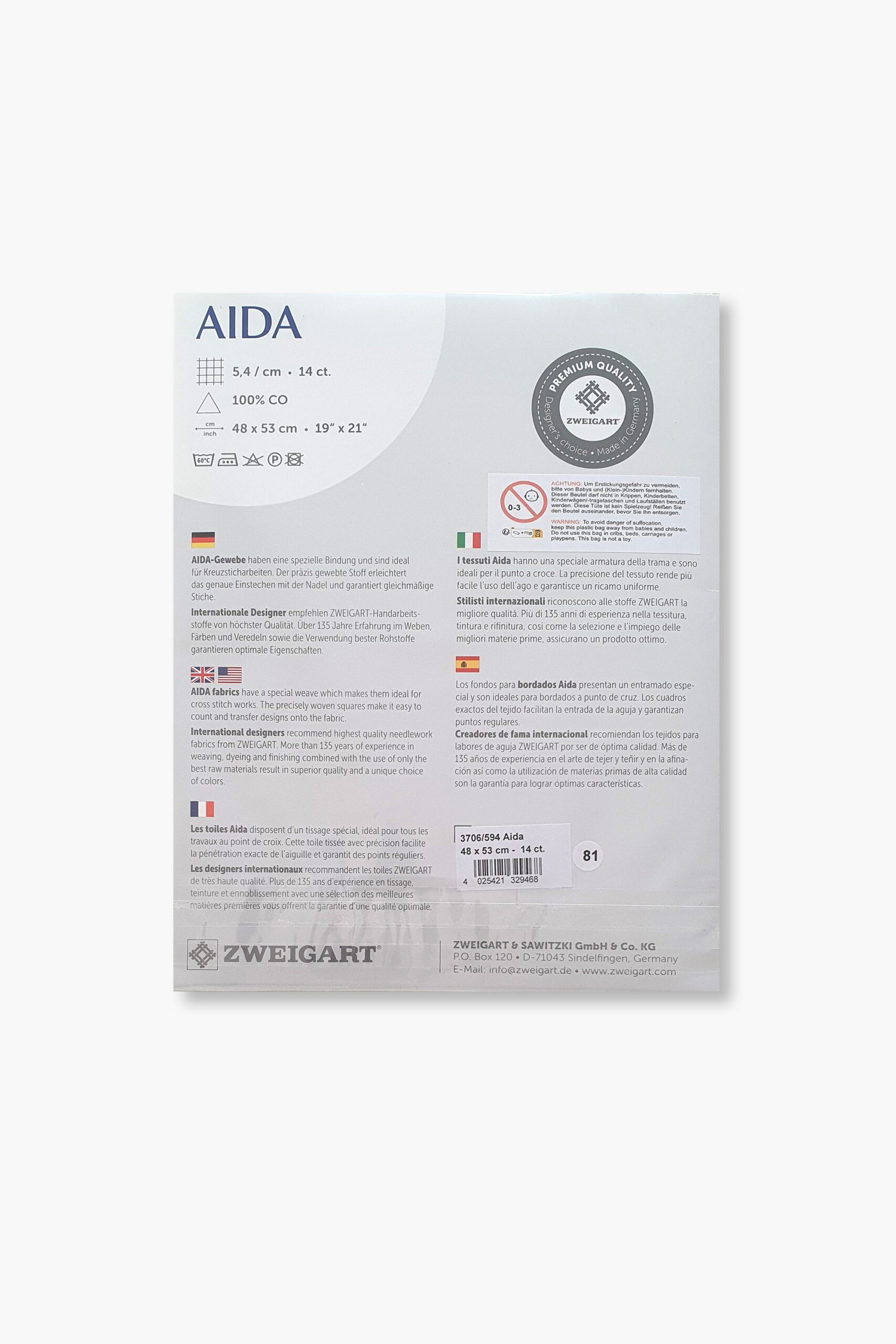 ZWEIGART Aida 3706 – Tessuto Aida di cotone pretagliato 14 count - Colore 594 - (48 × 53 cm) - immagine 3