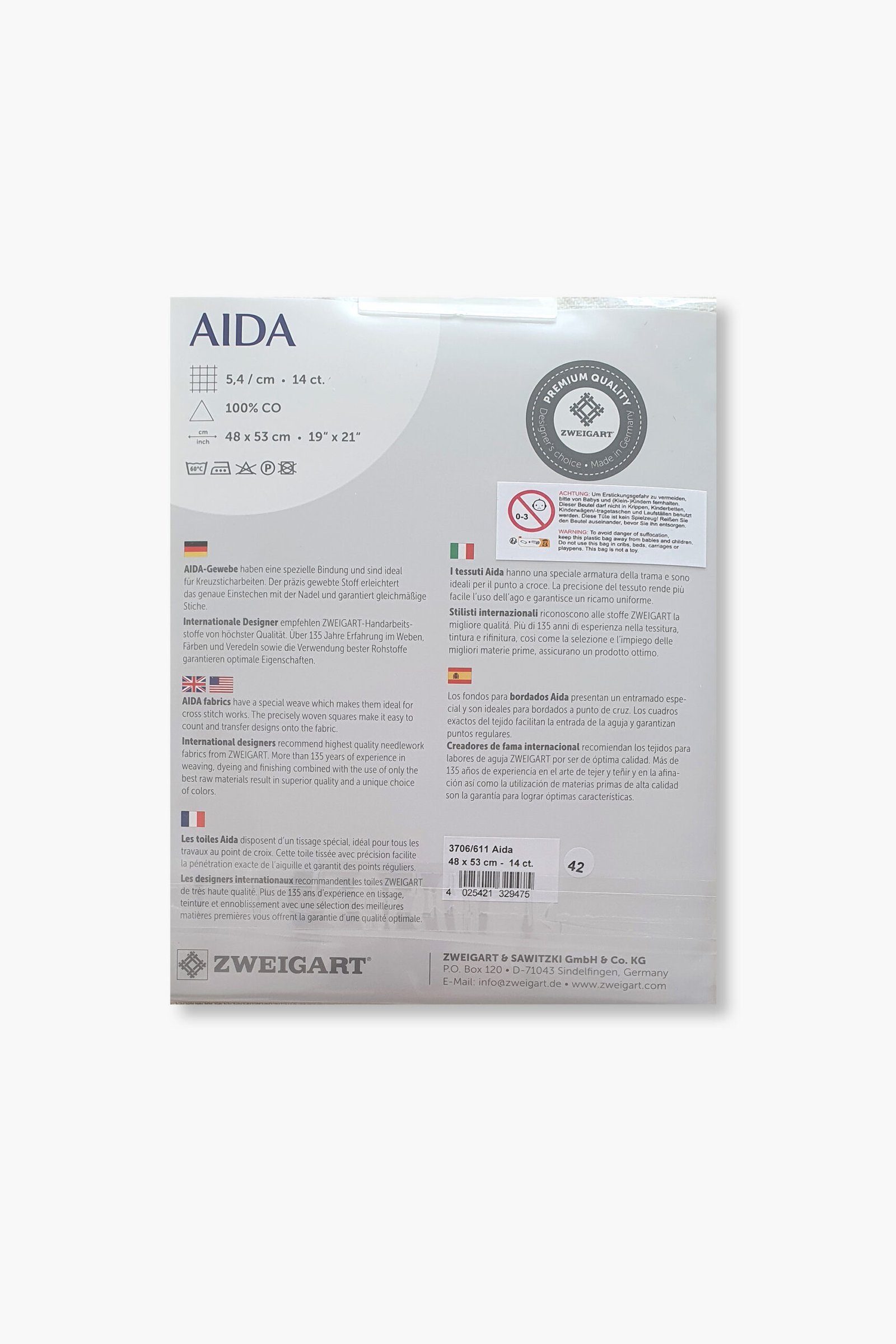 ZWEIGART Aida 3706 – Tessuto Aida di cotone pretagliato 14 count - Colore 611 - (48 × 53 cm) - immagine 3