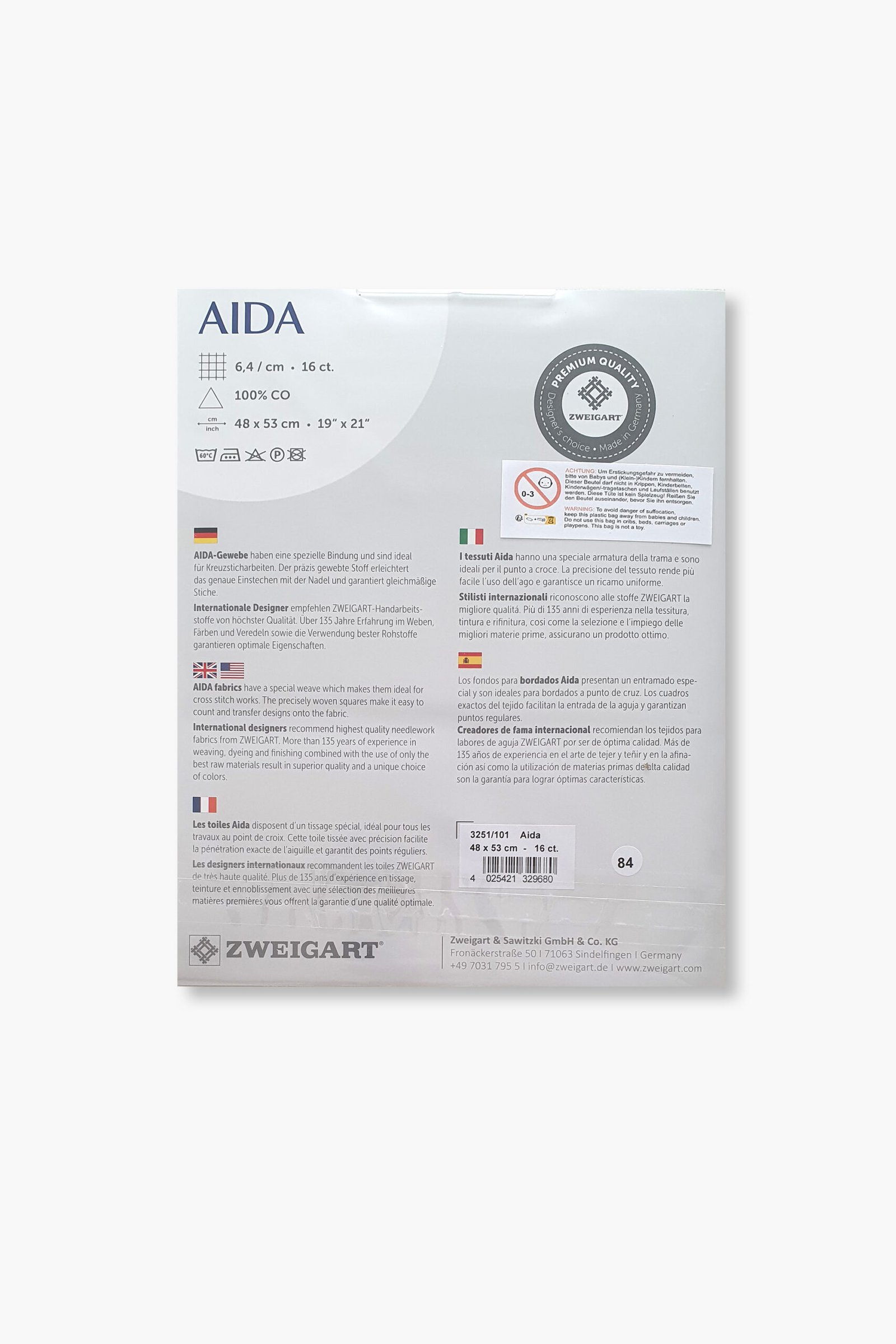 ZWEIGART Aida 3251 – Tessuto Aida di cotone pretagliato, 16 punti per pollice - Colore 101 - (48 × 53 cm) - immagine 5