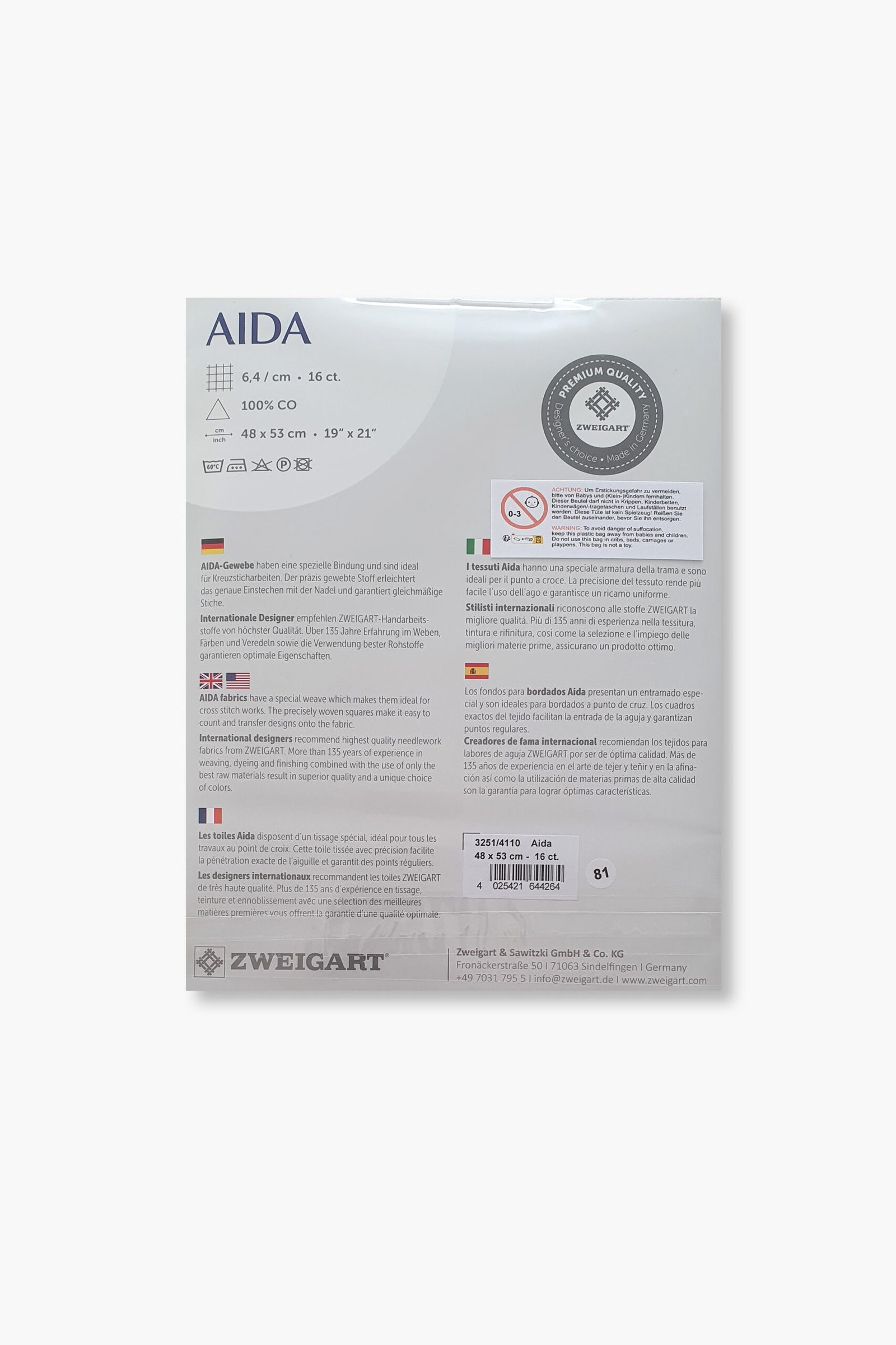 ZWEIGART Aida 3251 – Tessuto di cotone Aida pretagliato 16 count - Colore 4110 - (48 × 53 cm) - immagine 3