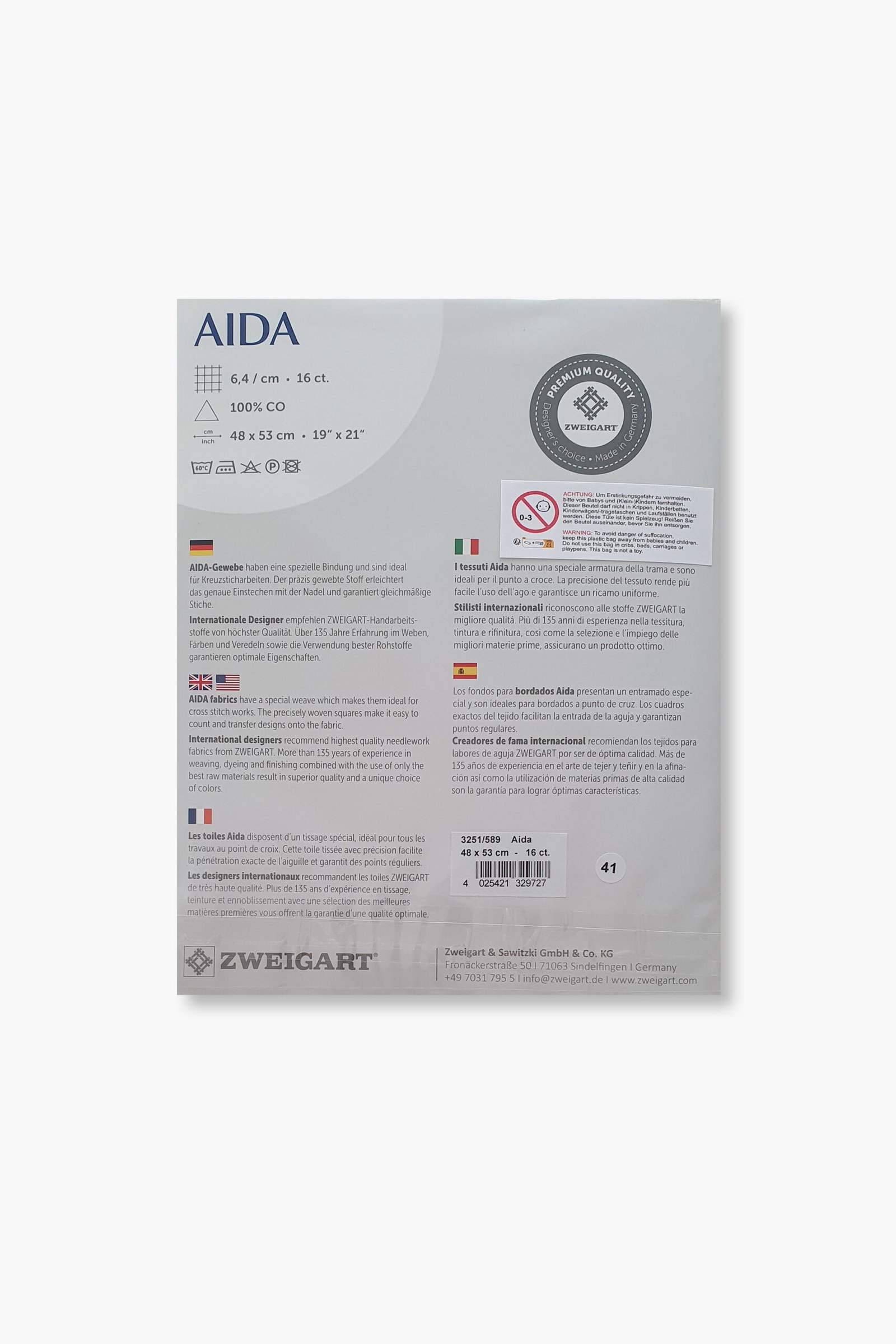 ZWEIGART Aida 3251 – Tessuto Aida di cotone pretagliato 16 count - Colore 589 - (48 × 53 cm) - immagine 3